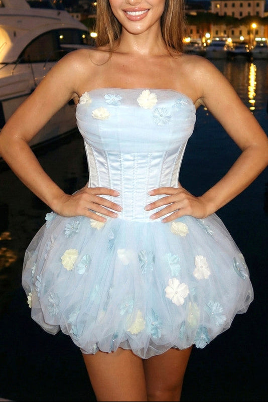 BLUE STRAPLESS FLORAL CORSET BUBBLE MINI DRESS