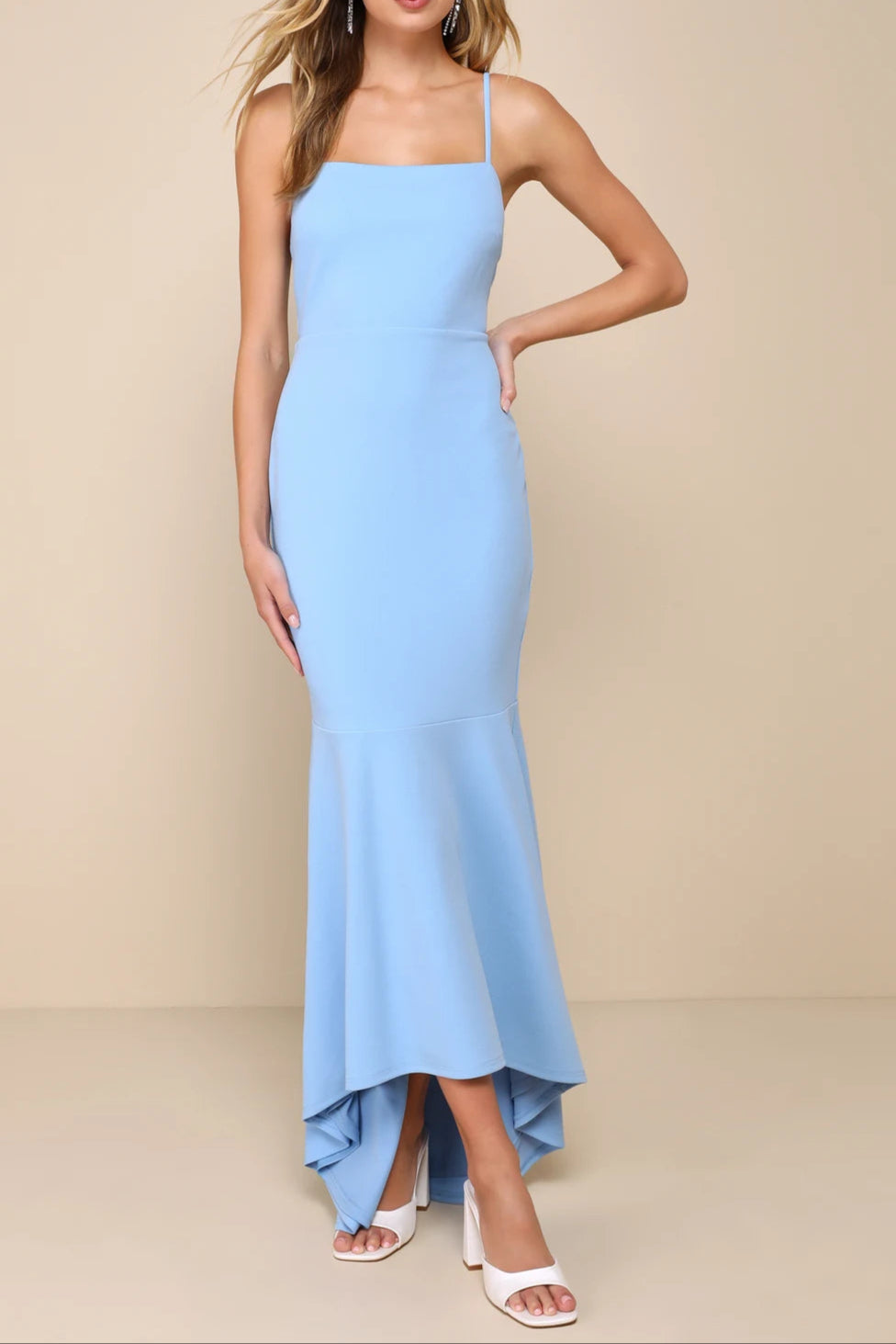LIGHT BLUE BACKLESS TRUMPET HEM MAXI DRESS