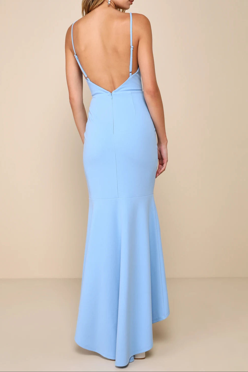 LIGHT BLUE BACKLESS TRUMPET HEM MAXI DRESS