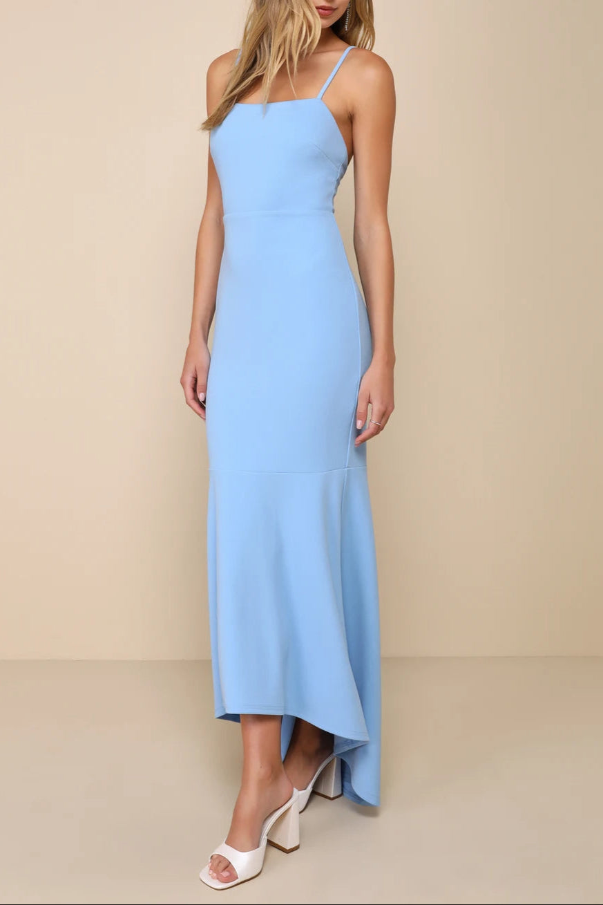 LIGHT BLUE BACKLESS TRUMPET HEM MAXI DRESS