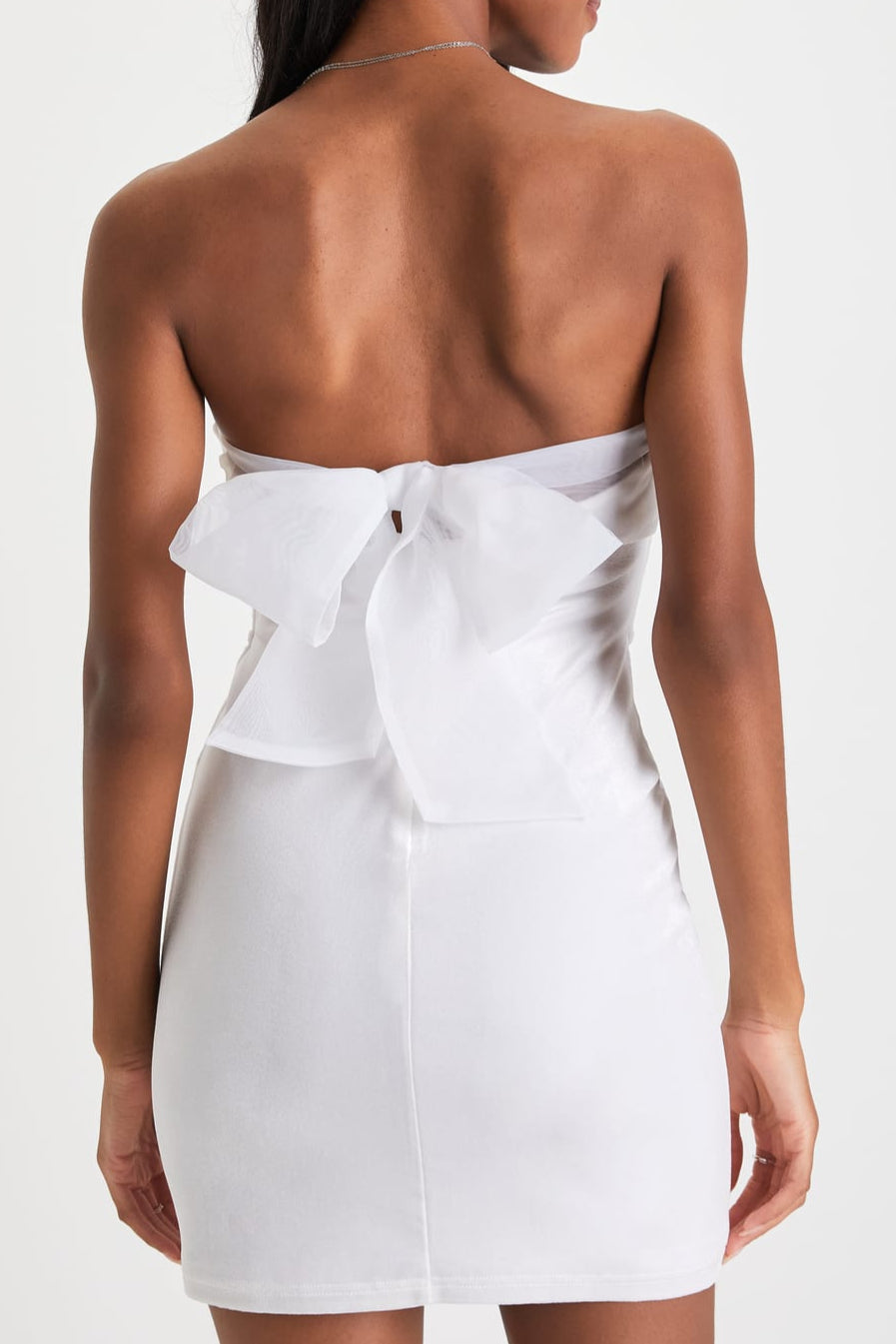 STRAPLESS WHITE VELVET BOW MINI DRESS FOR PARTY