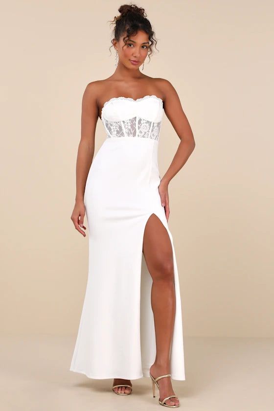 SultryPersonaWhiteLaceStraplessBustierMermaidMaxiDress SULTRY WHITE LACE STRAPLESS BUSTIER MERMAID MAXI DRESS