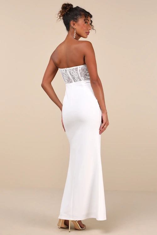 SULTRY WHITE LACE STRAPLESS BUSTIER MERMAID MAXI DRESS