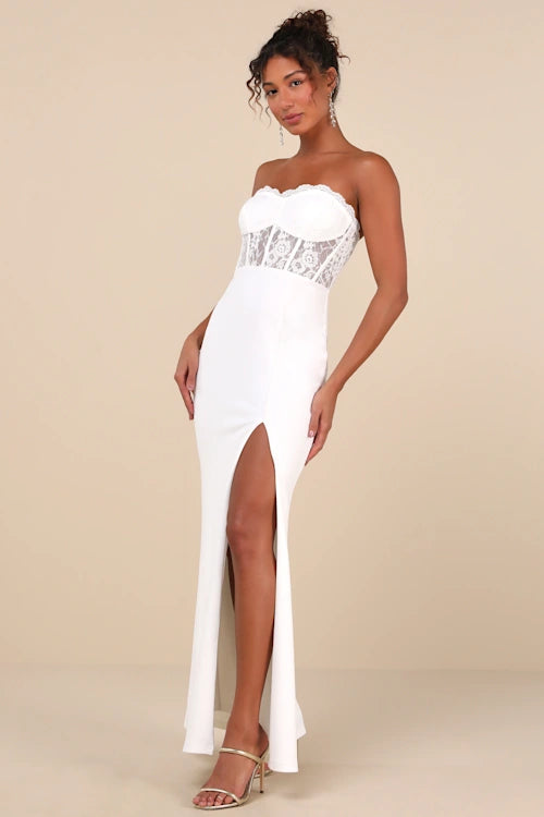 SULTRY WHITE LACE STRAPLESS BUSTIER MERMAID MAXI DRESS