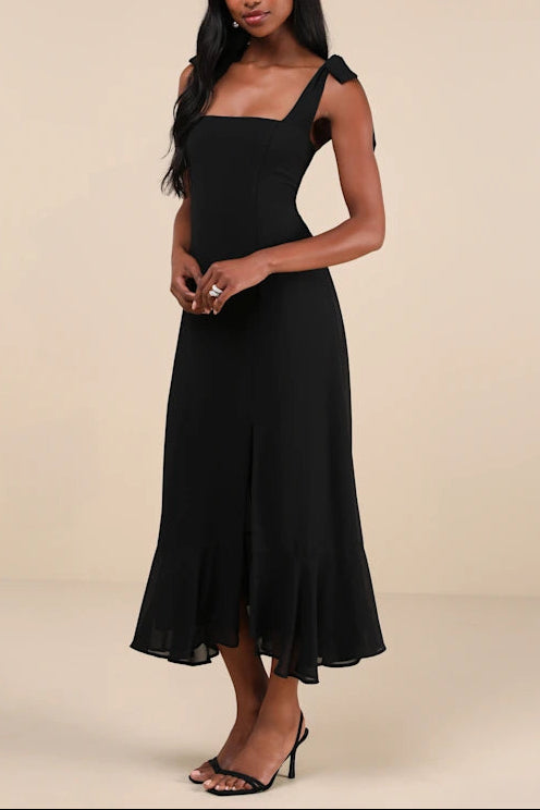 SUMMER BLACK TIE-STRAP TIERED MIDI DRESS