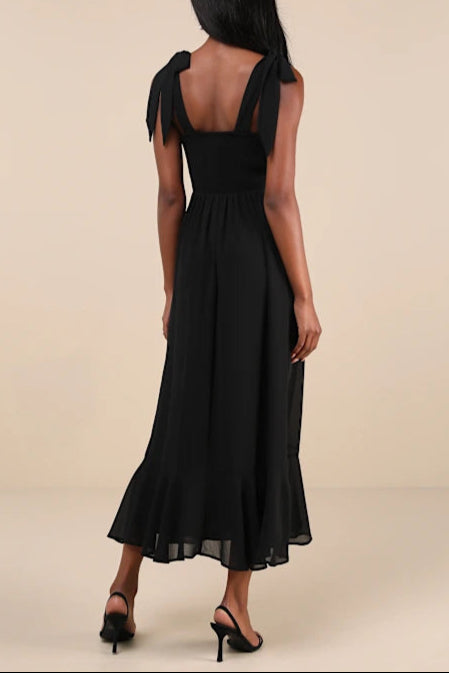 SUMMER BLACK TIE-STRAP TIERED MIDI DRESS