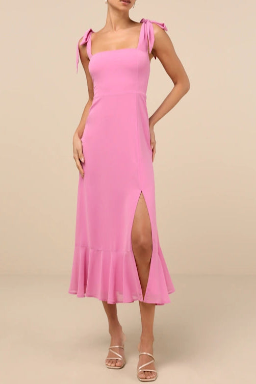 SummerInvitePinkTie-StrapTieredMidiDress PINK TIERED MIDI DRESS WITH TIE STRAPS FOR SUMMER