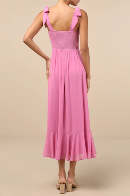 PINK TIERED MIDI DRESS WITH TIE STRAPS FOR SUMMER