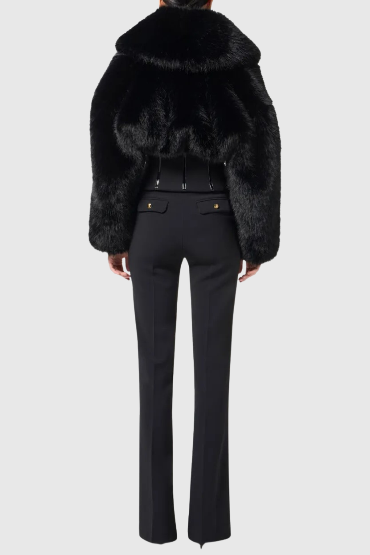 BLACK FAUX FUR CORSET JACKET, EVENING OUTFIT