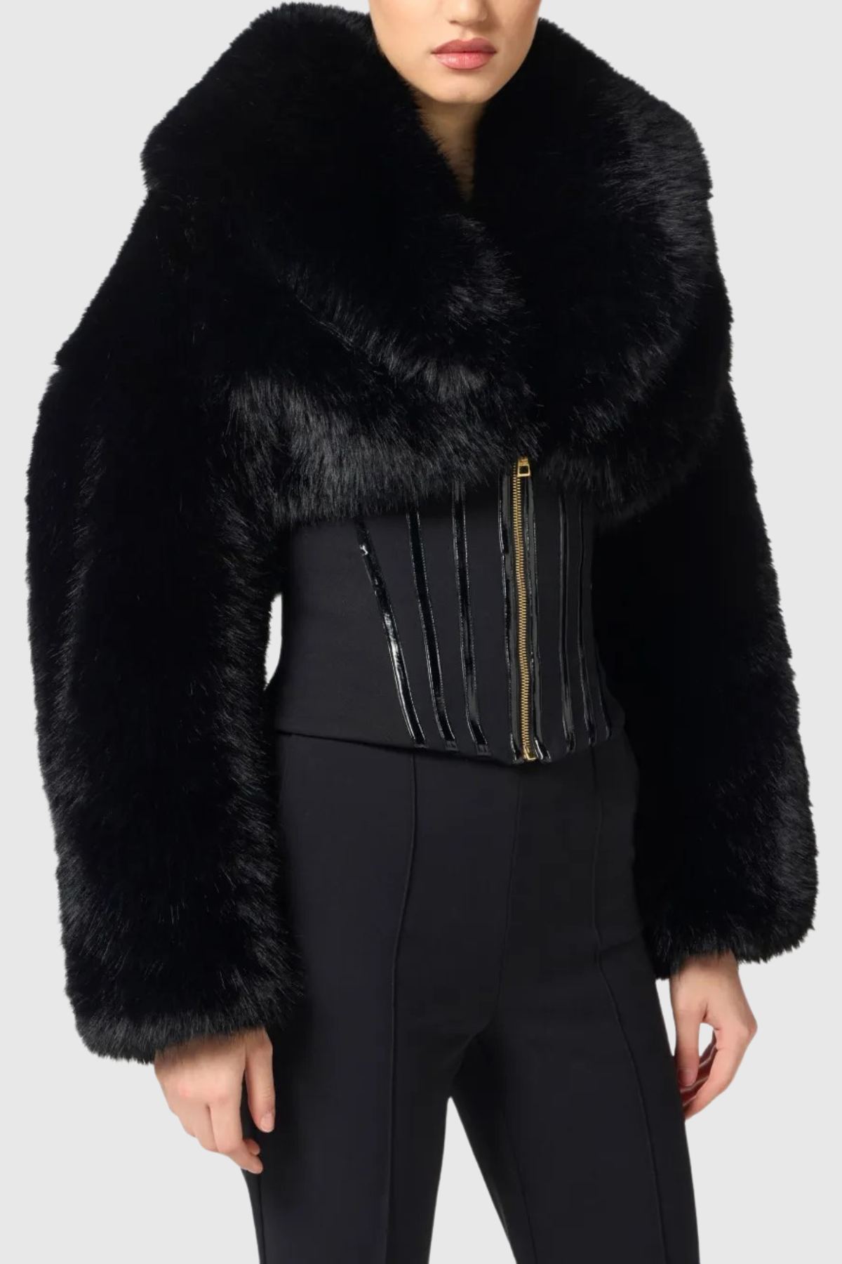 BLACK FAUX FUR CORSET JACKET, EVENING OUTFIT