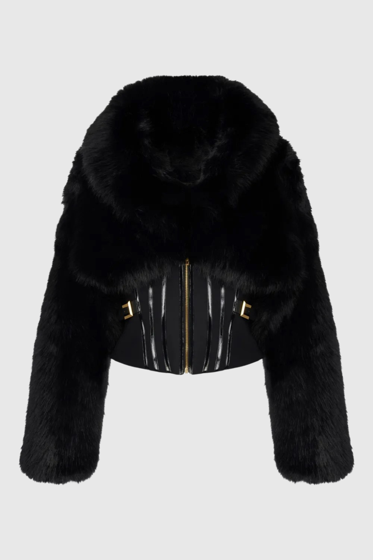 BLACK FAUX FUR CORSET JACKET, EVENING OUTFIT