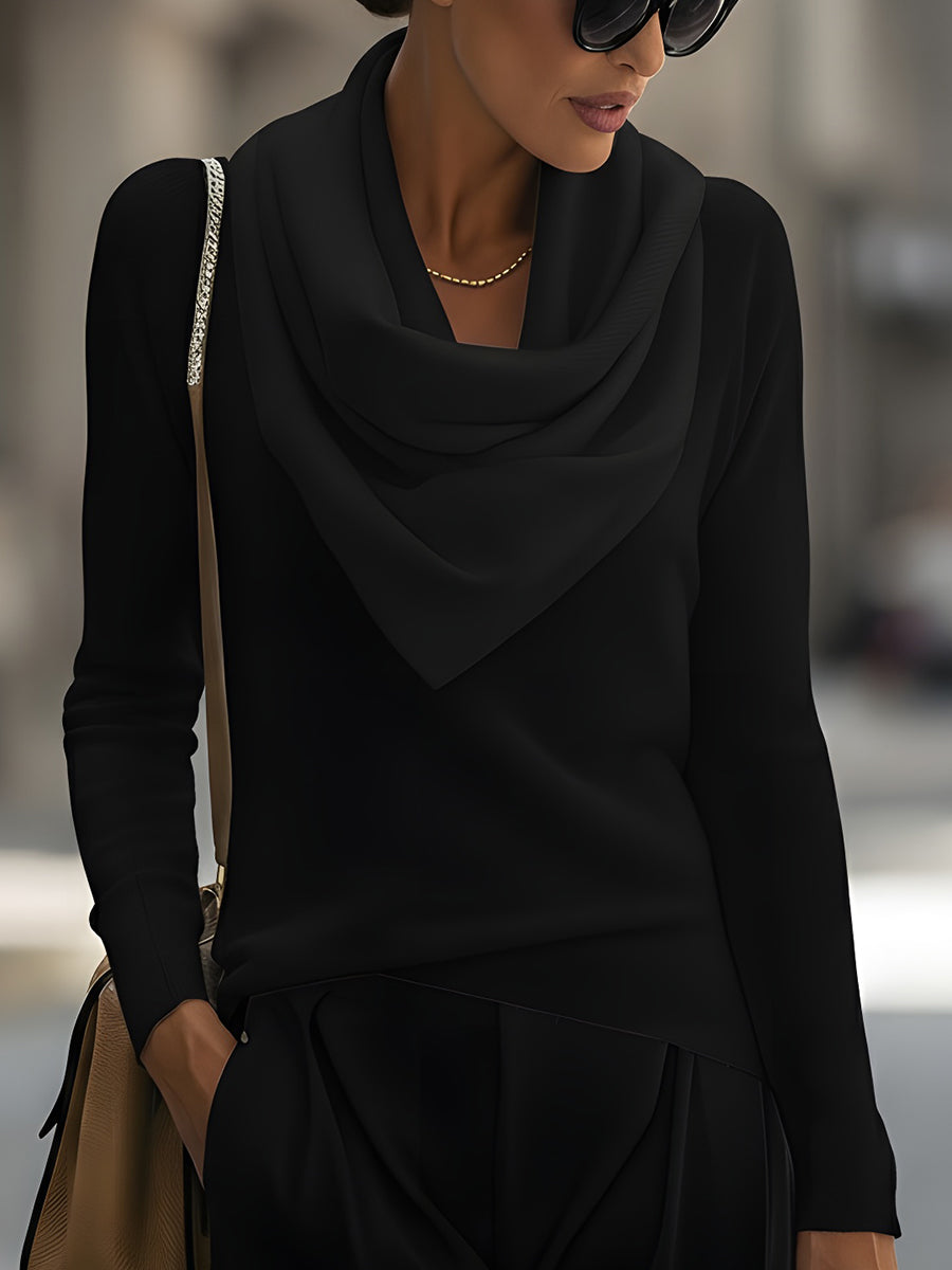 T5-1 DRAPED COWL NECK LONG SLEEVE TOP FOR EVENING