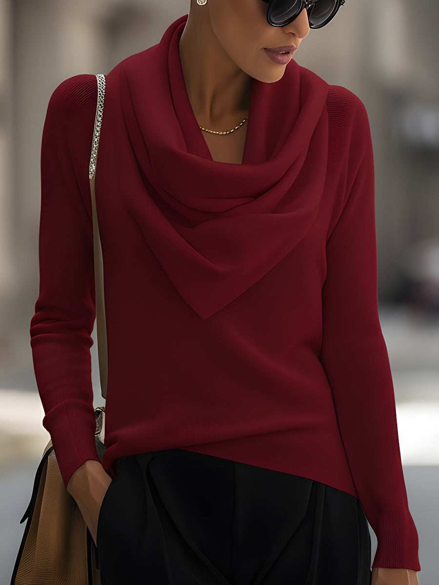 T5-4 DRAPED COWL NECK LONG SLEEVE TOP FOR EVENING