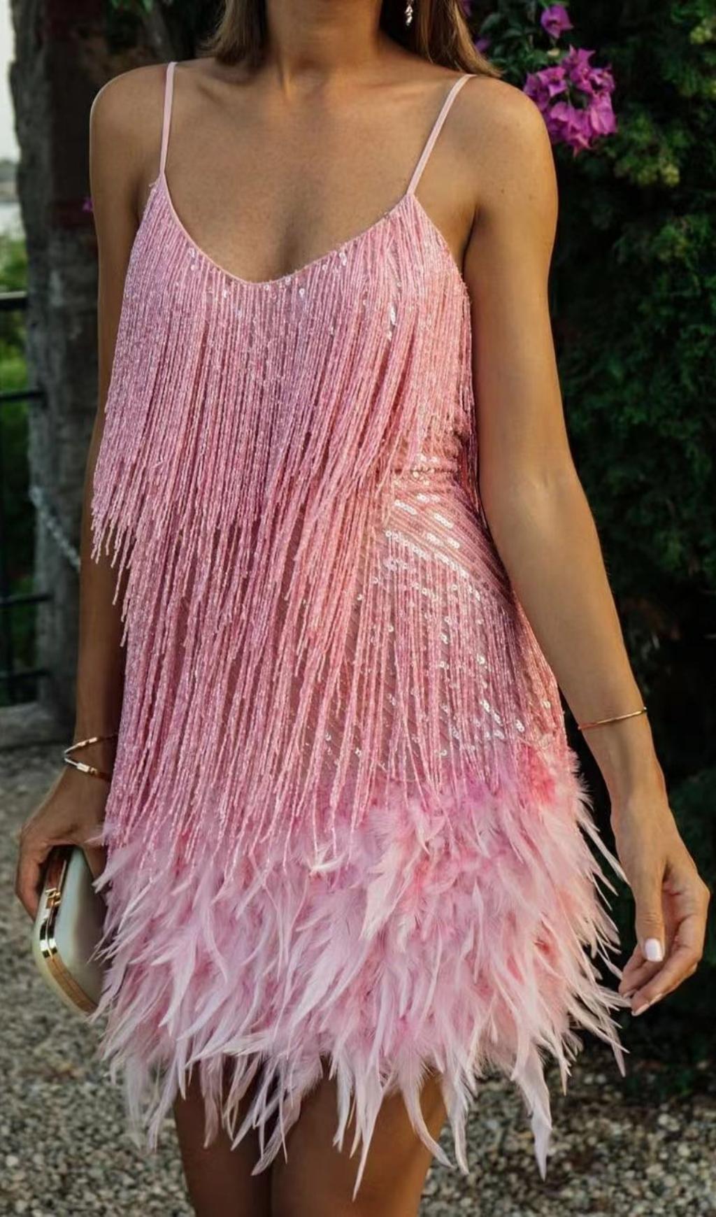 PINK TASSEL FEATHER MINI DRESS FOR PARTY