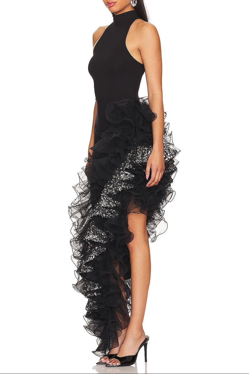 HALTER SEQUIN RUFFLE MAXI DRESS, BLACK, PROM