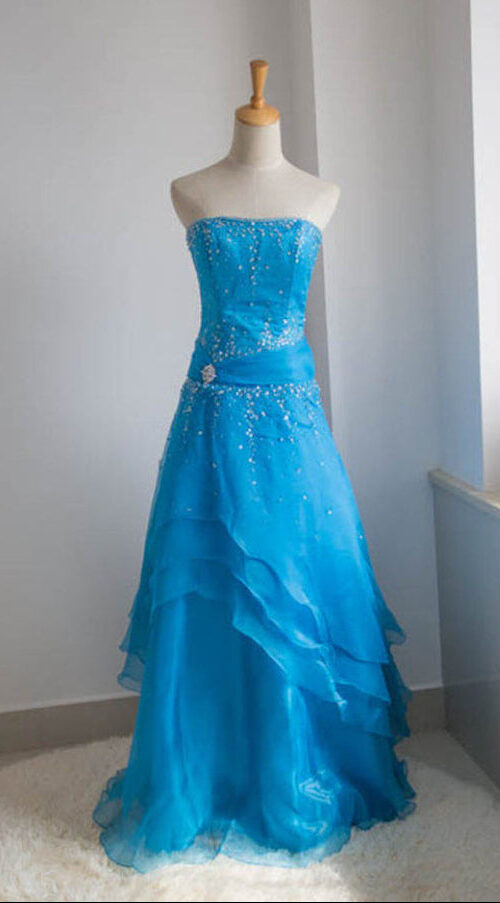 Strapless Beaded Blue Tiered Chiffon Formal Evening Gown Strapless Beaded Blue Tiered Chiffon Formal Evening Gown