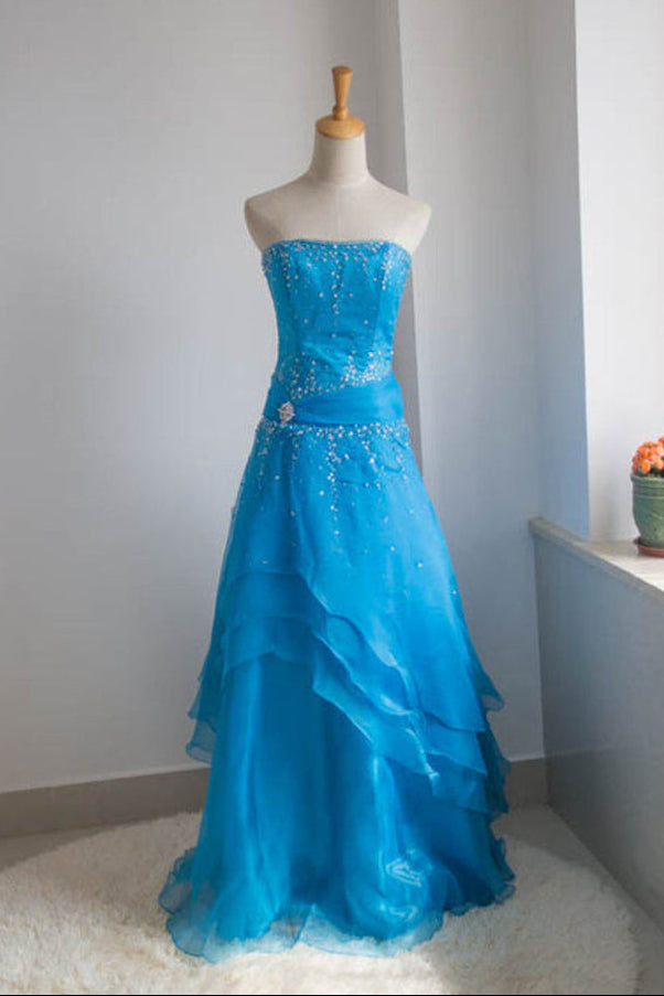 STRAPLESS BEADED BLUE TIERED CHIFFON FORMAL GOWN