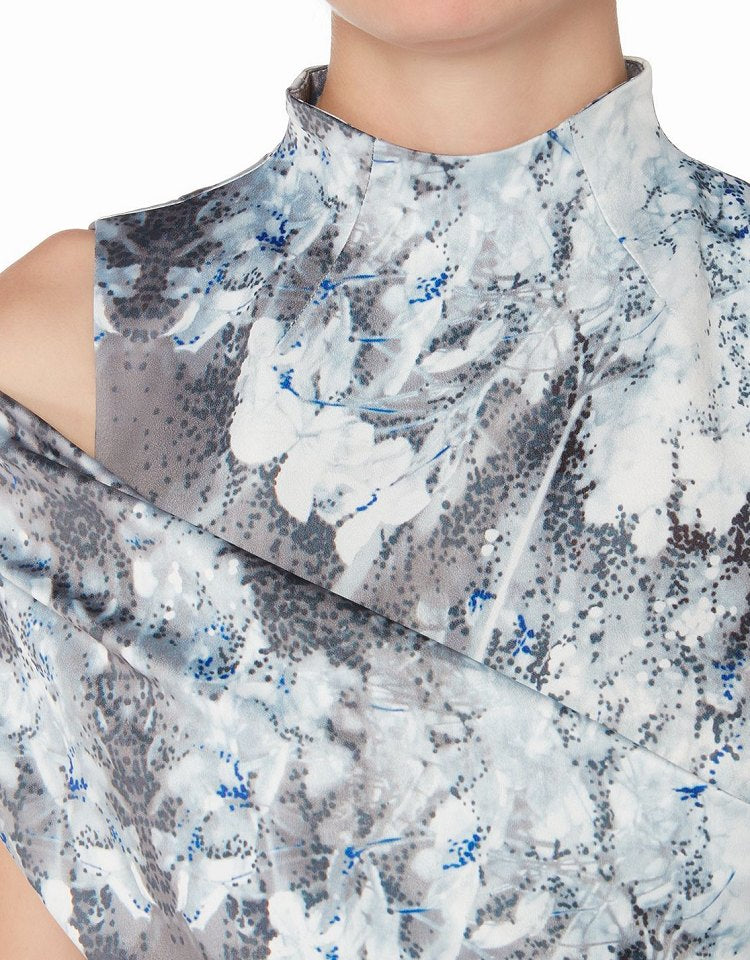 SATIN PRINT ASYMMETRICAL HEM MINI DRESS