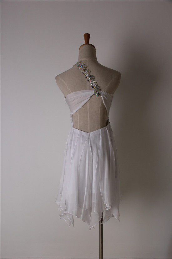 WHITE ONE SHOULDER RHINESTONE CHIFFON SHORT PARTY DRESS