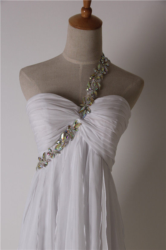 WHITE ONE SHOULDER RHINESTONE CHIFFON SHORT PARTY DRESS