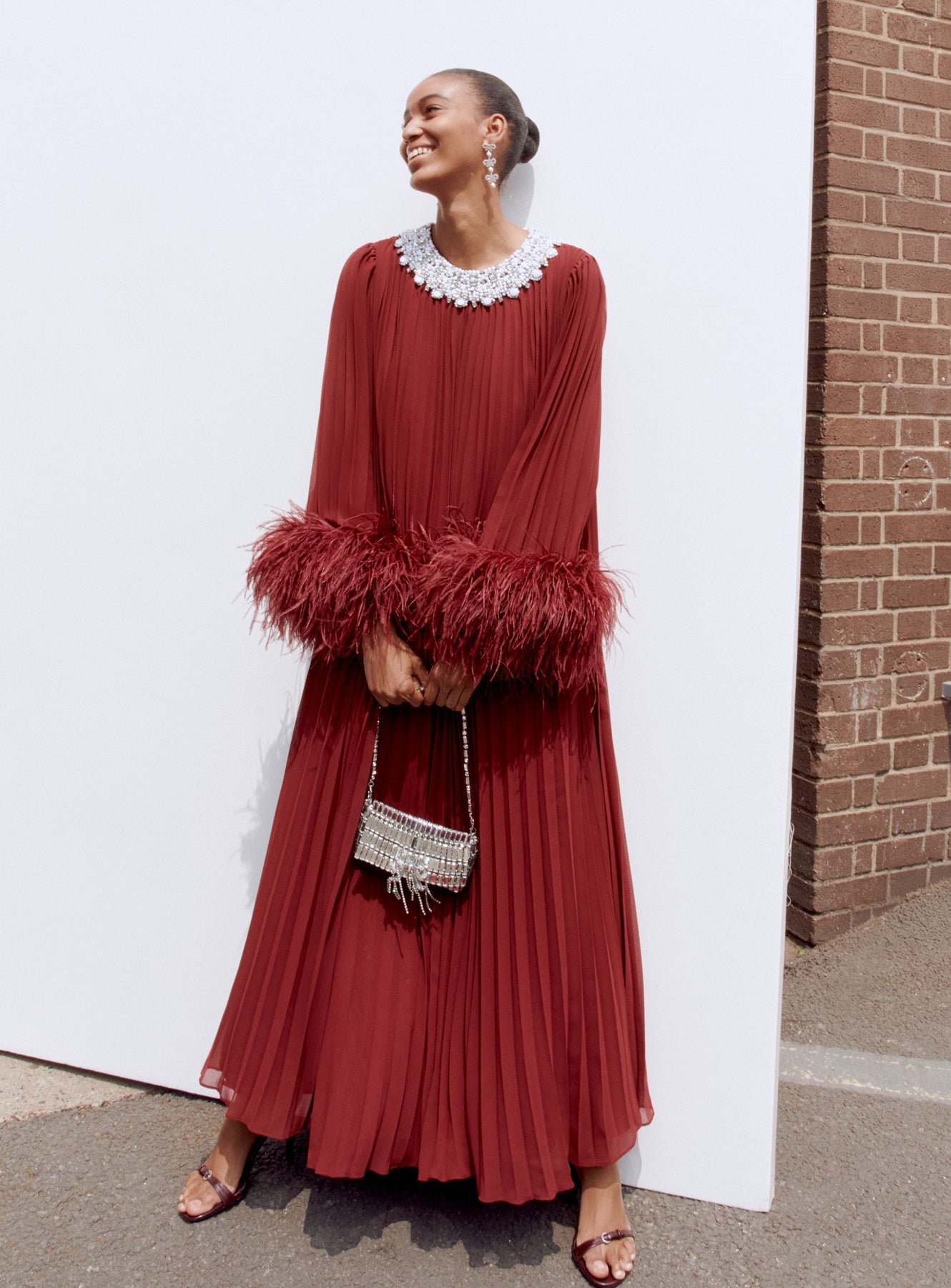 BURGUNDY CHIFFON FEATHER MIDI DRESS FOR PARTIES