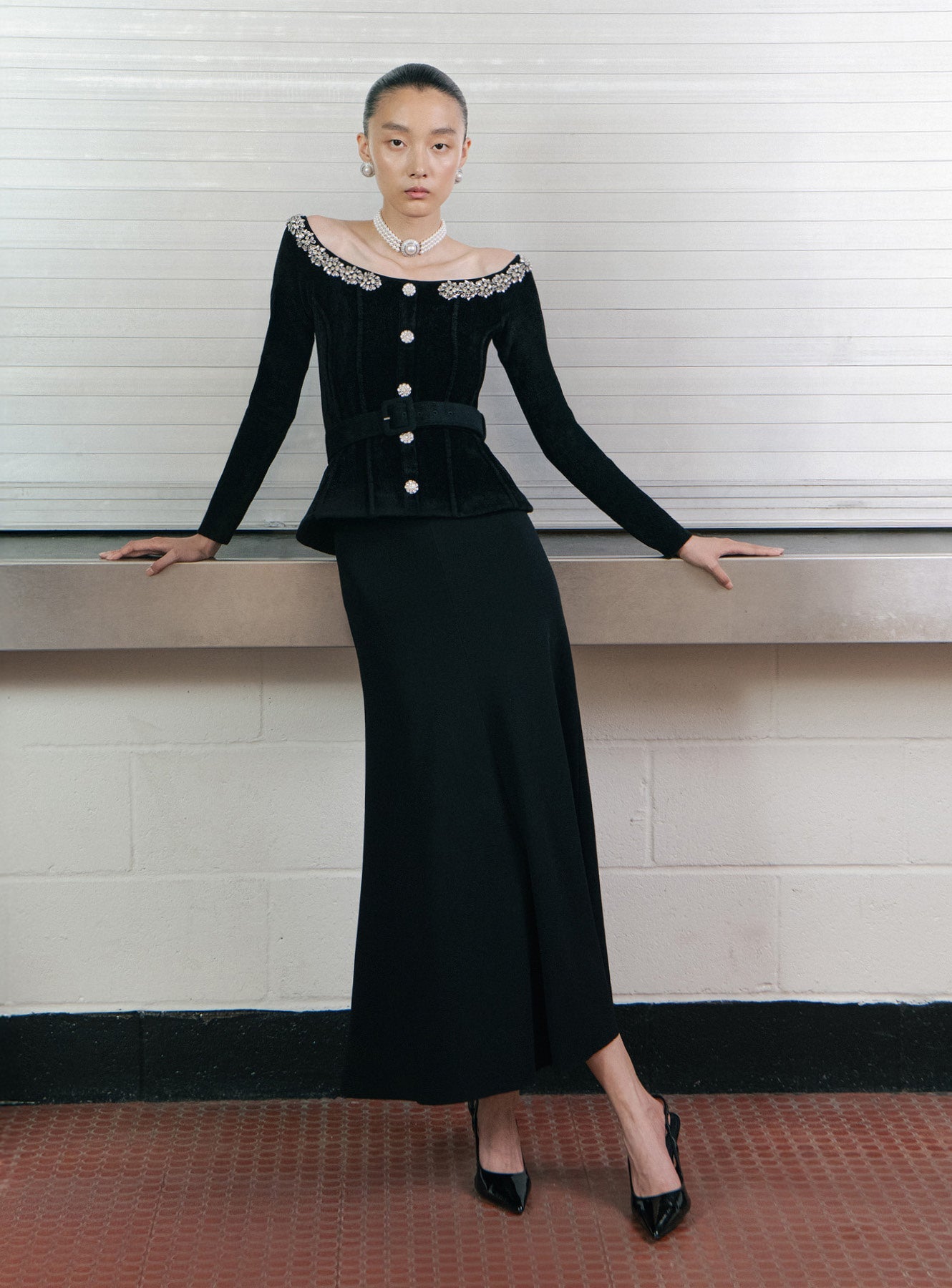 XAVIERA BLACK MIDI DRESS CRYSTAL TRIM KNIT