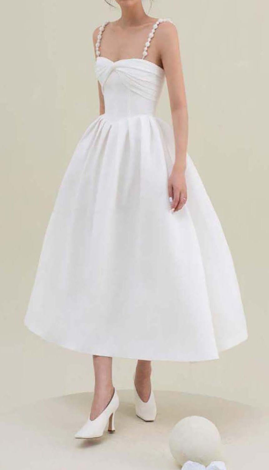 TWISTED PEARL STRAP MIDI DRESS WHITE WEDDING GUEST
