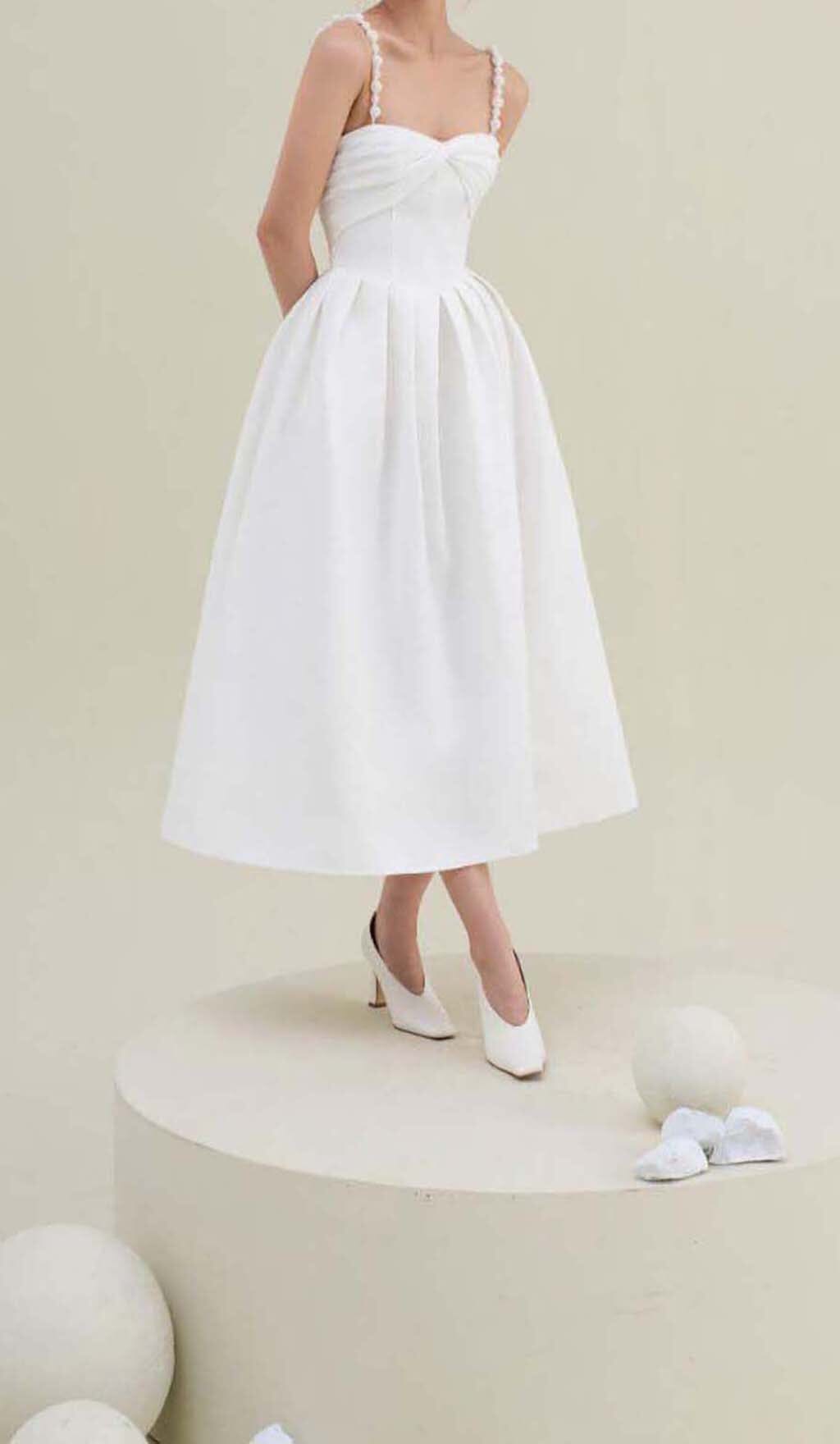 TWISTED PEARL STRAP MIDI DRESS WHITE WEDDING GUEST