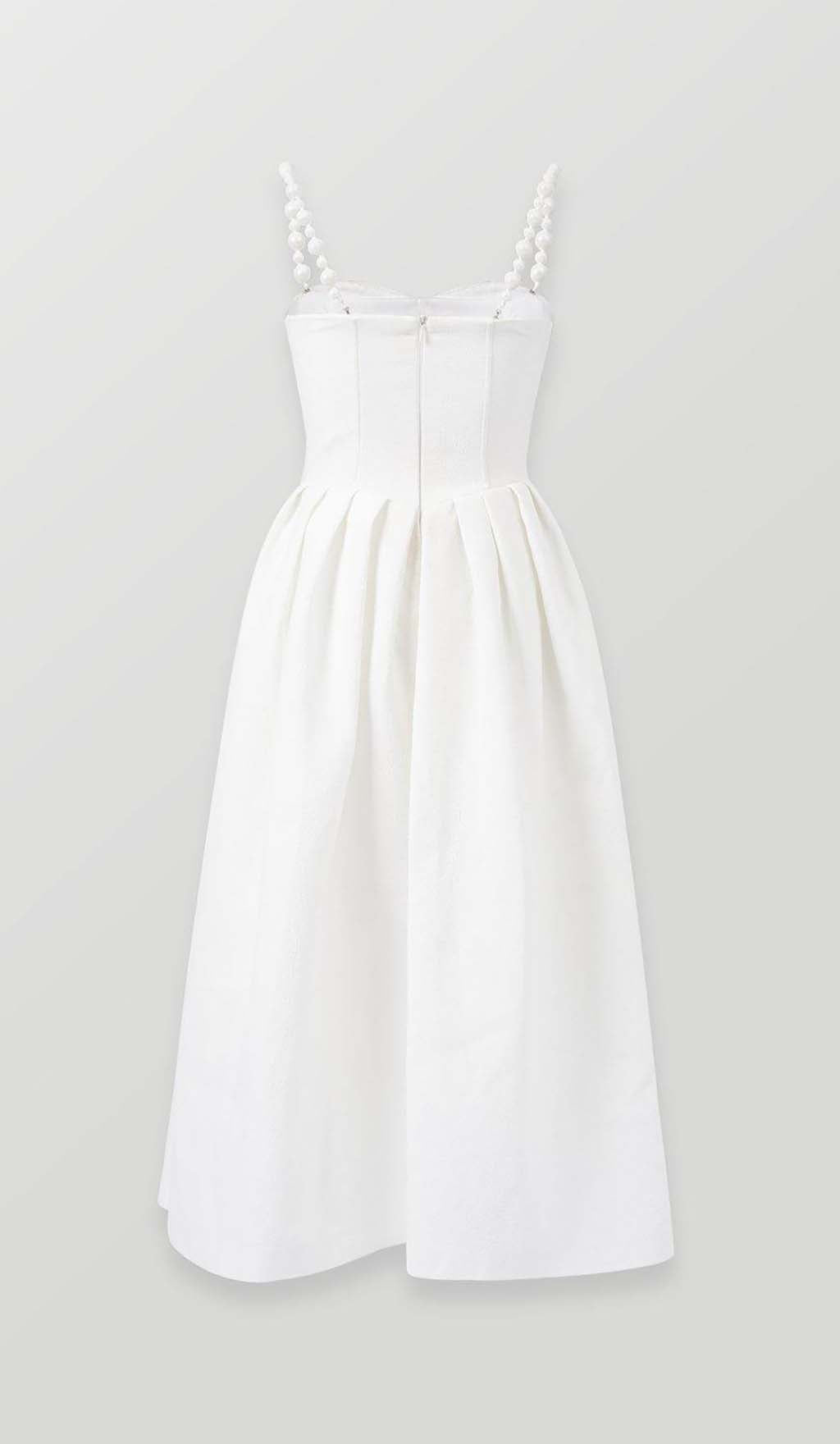 TWISTED PEARL STRAP MIDI DRESS WHITE WEDDING GUEST