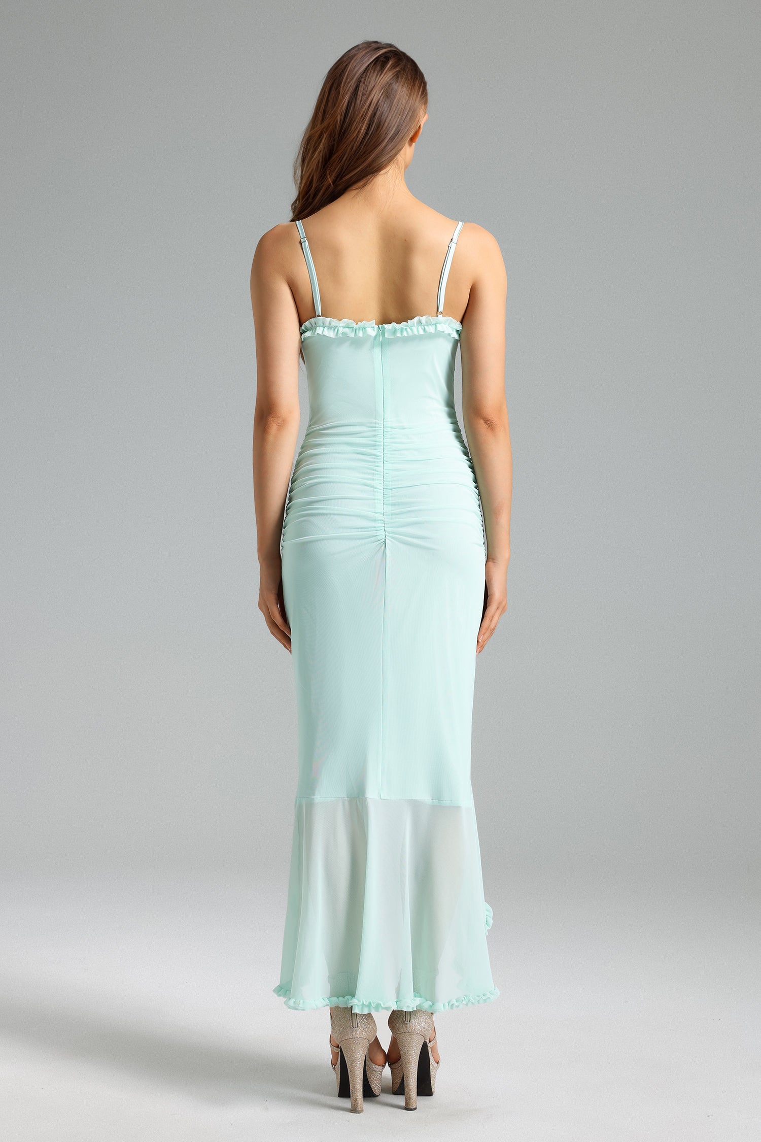 AQUA ASYMMETRICAL CUT OUT MESH BODYCON DRESS