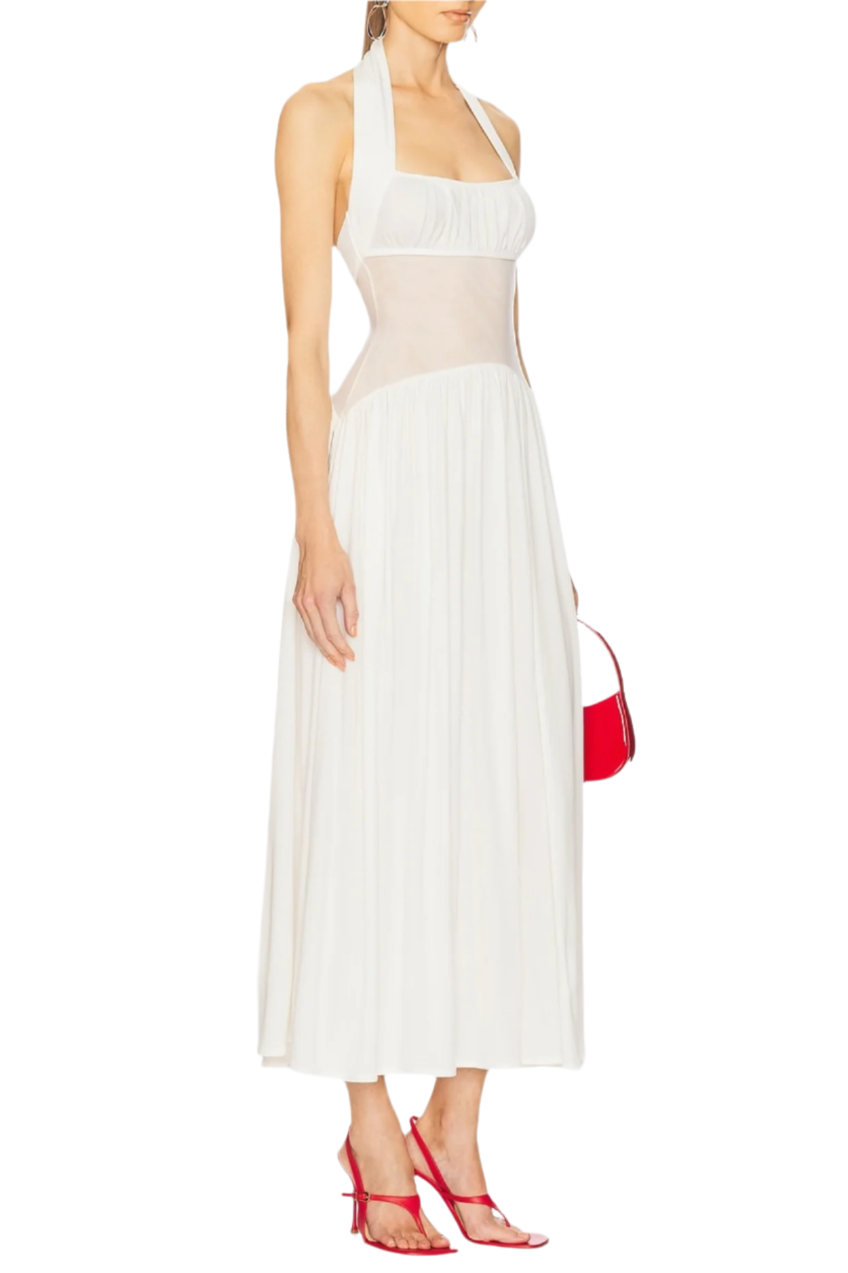 TAMERON HALTER MESH RUFFLE MAXI DRESS