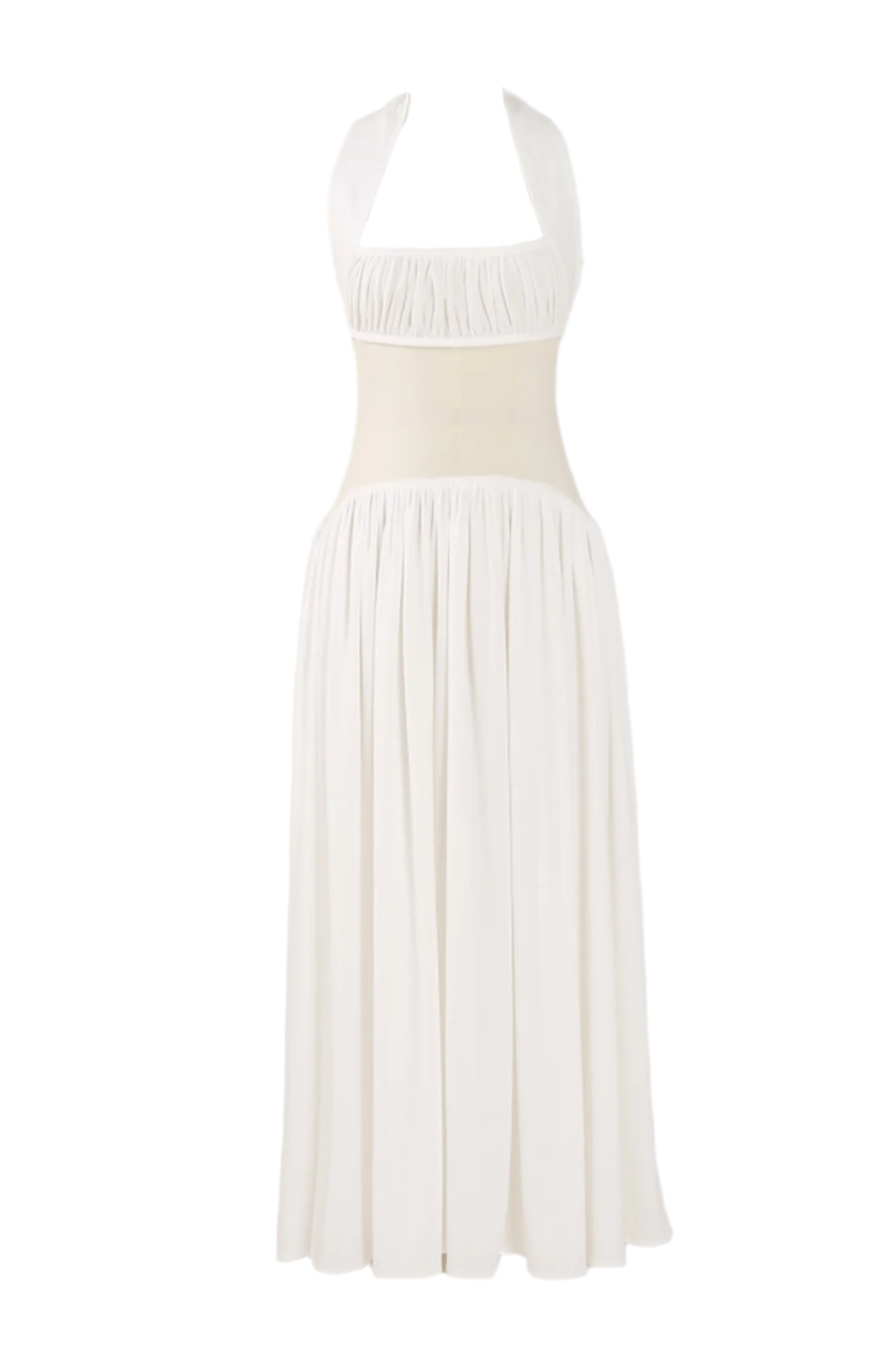 TAMERON HALTER MESH RUFFLE MAXI DRESS