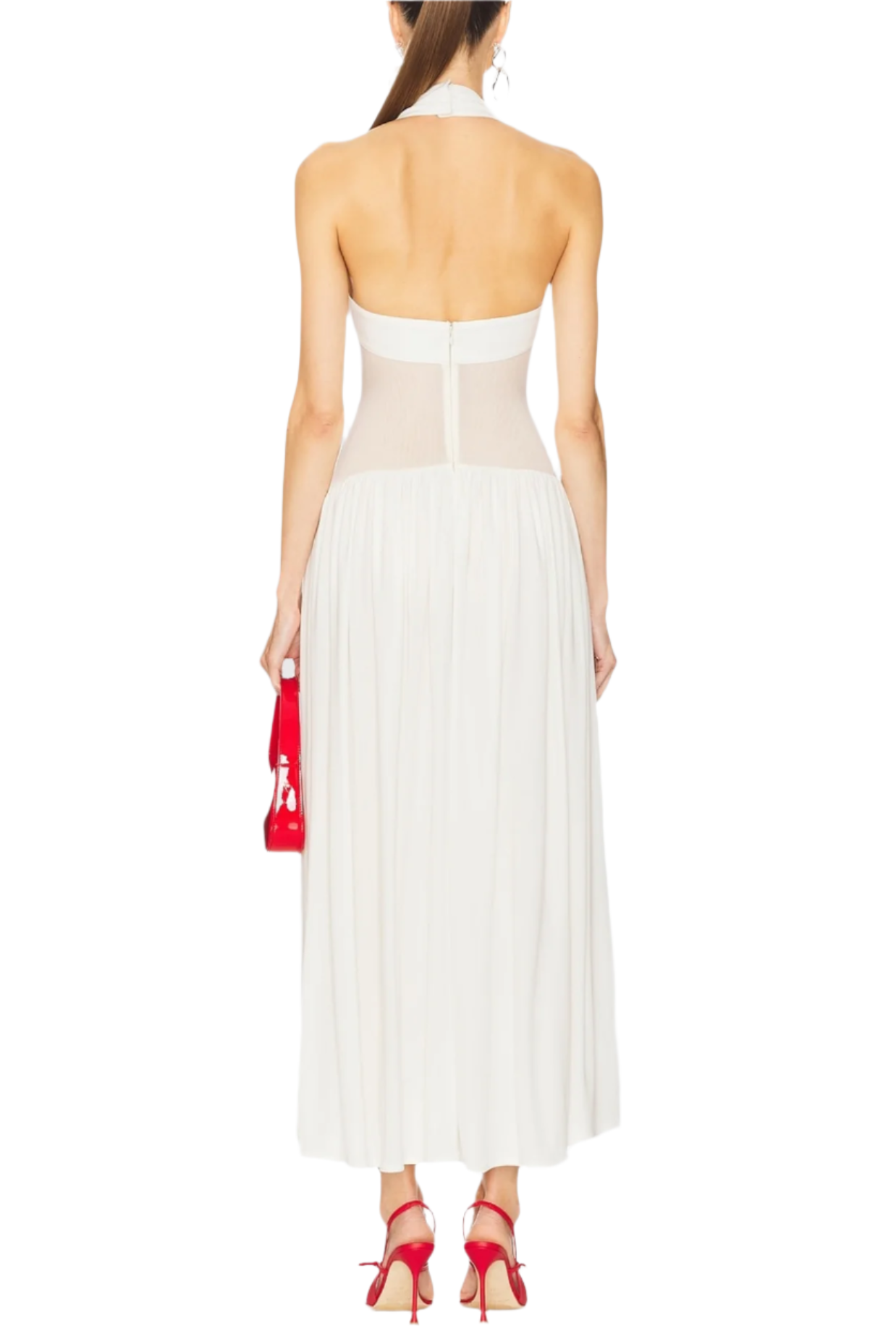 TAMERON HALTER MESH RUFFLE MAXI DRESS