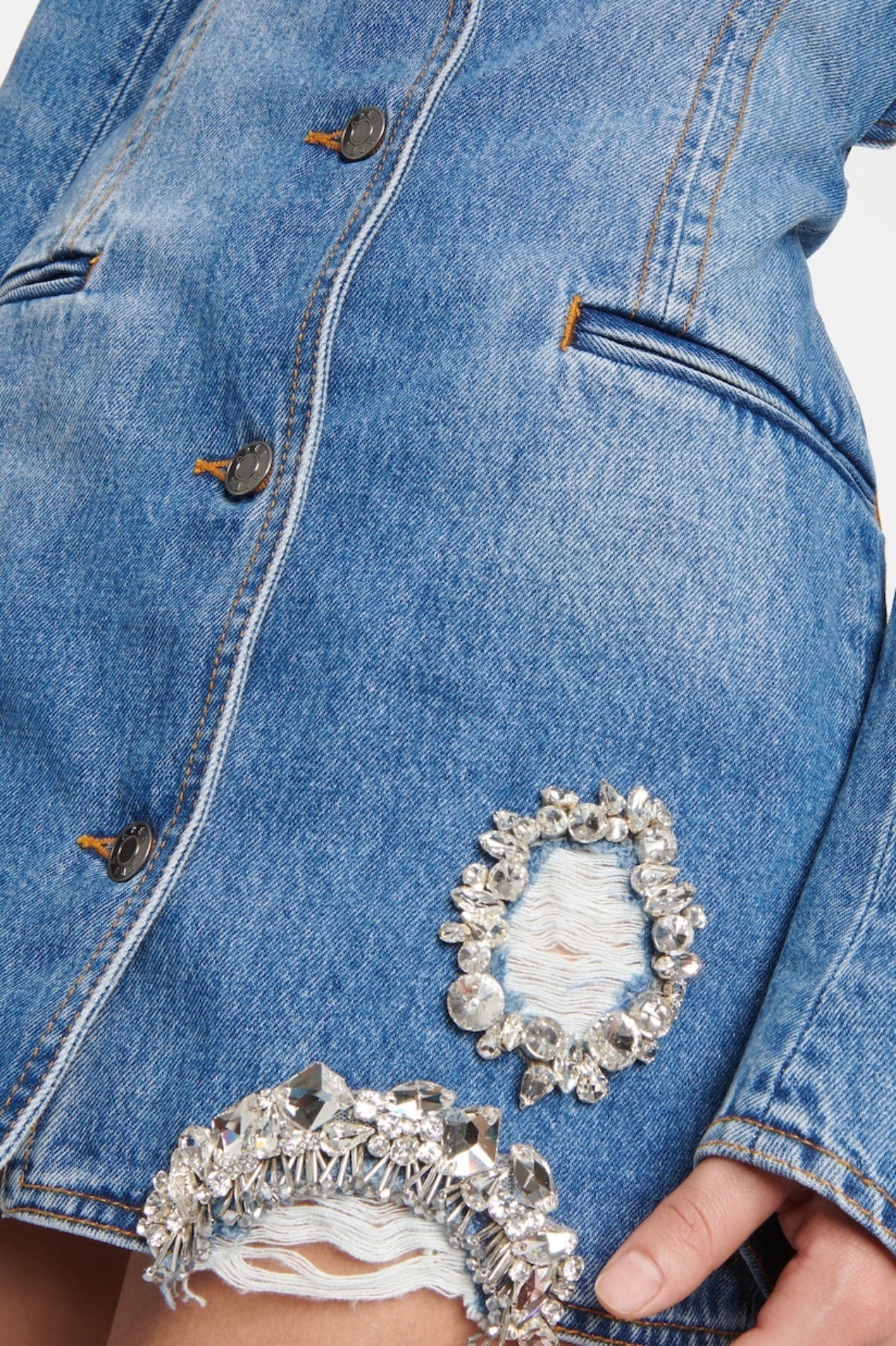 CRYSTAL EMBELLISHED CUTOUT DENIM BLAZER
