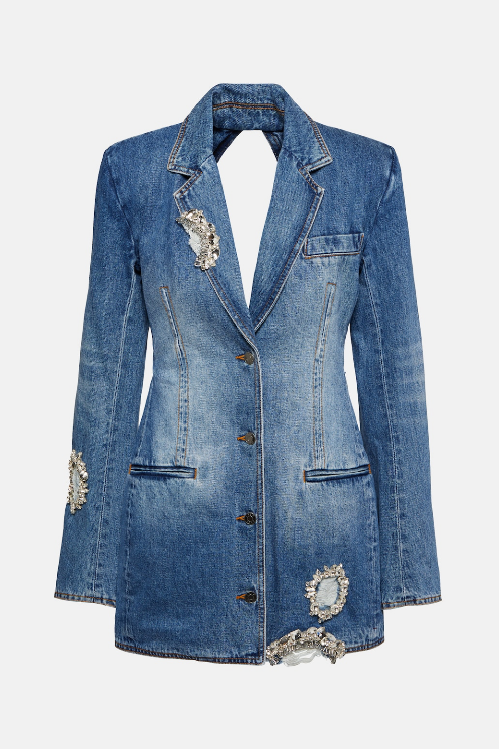 CRYSTAL EMBELLISHED CUTOUT DENIM BLAZER