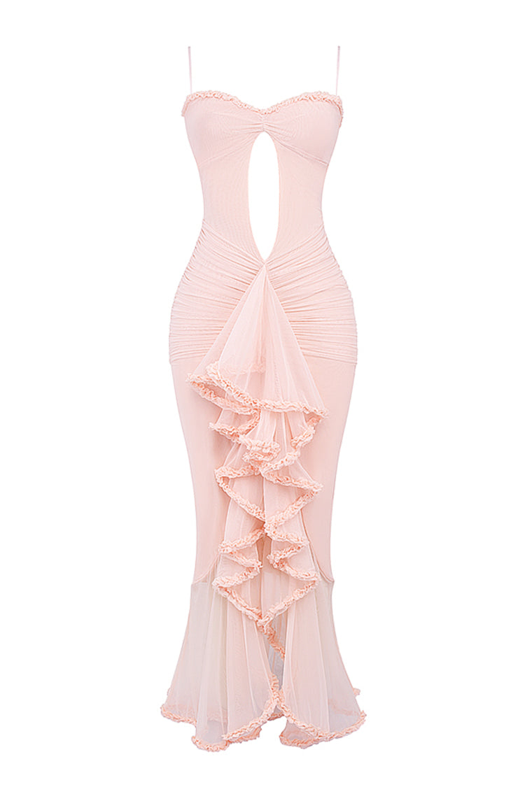 TWO-TONE RUFFLED MESH MAXI DRESS – PINK
