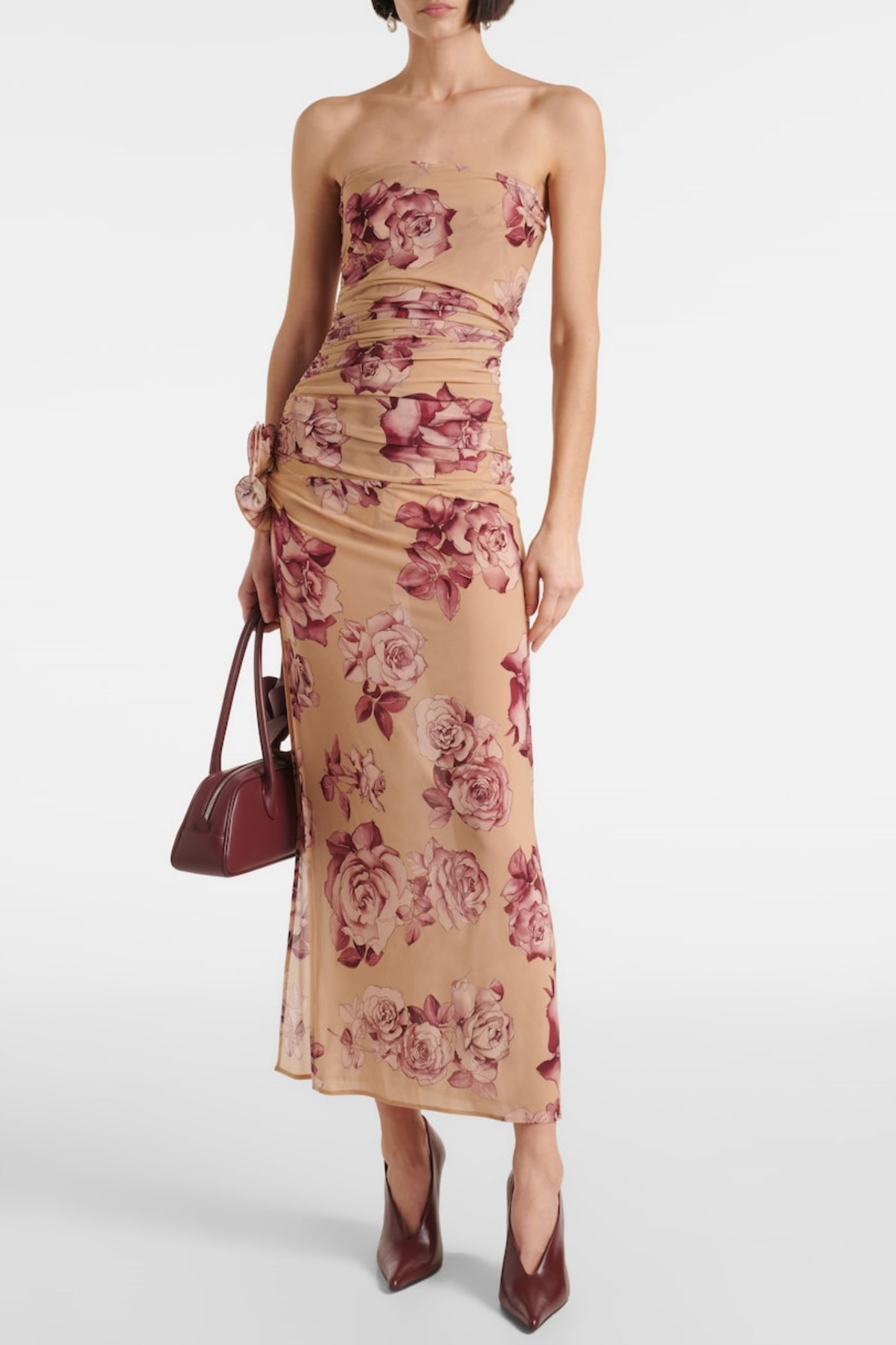 FLORAL STRAPLESS RUCHED MIDI DRESS, COCKTAIL PARTY
