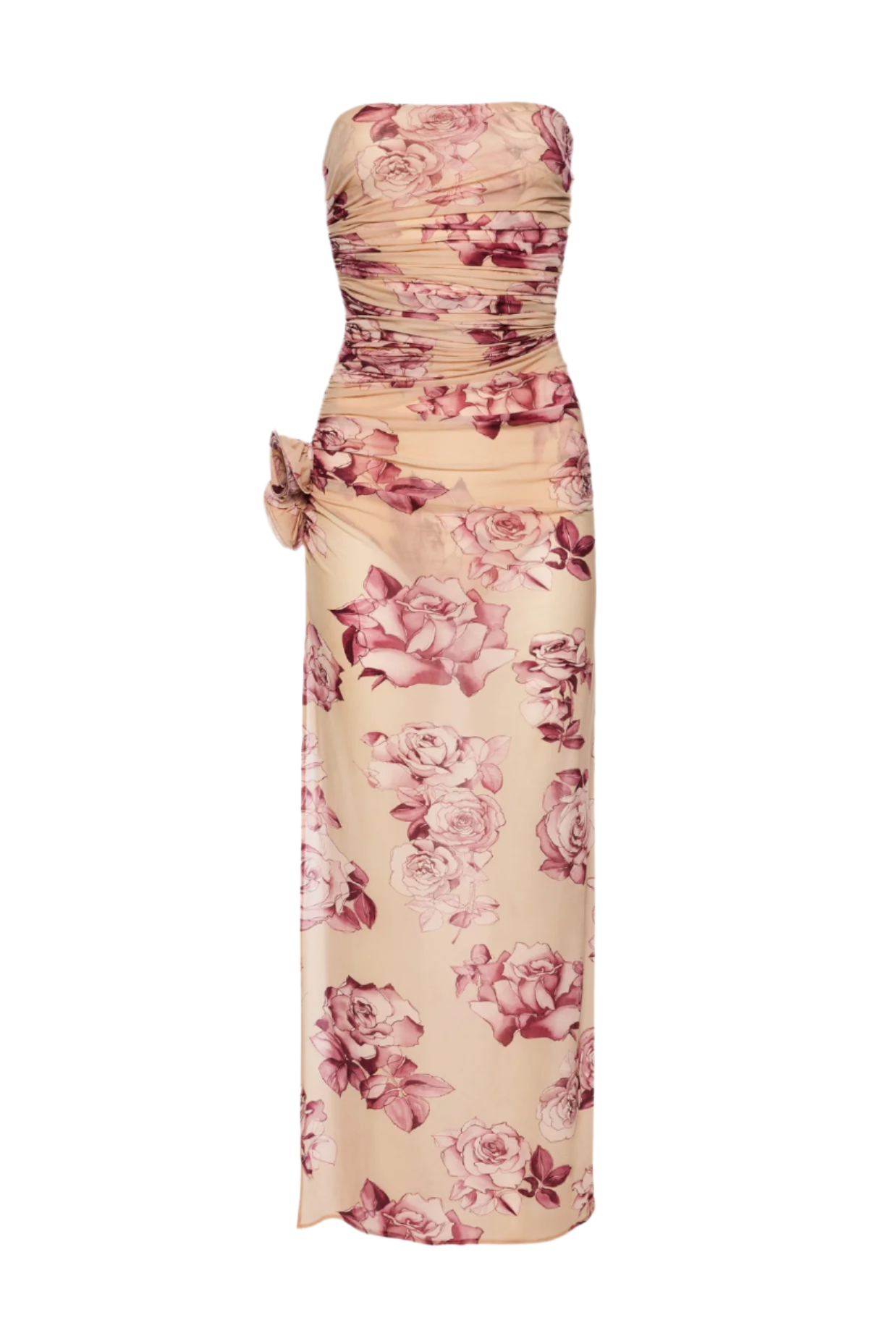 FLORAL STRAPLESS RUCHED MIDI DRESS, COCKTAIL PARTY