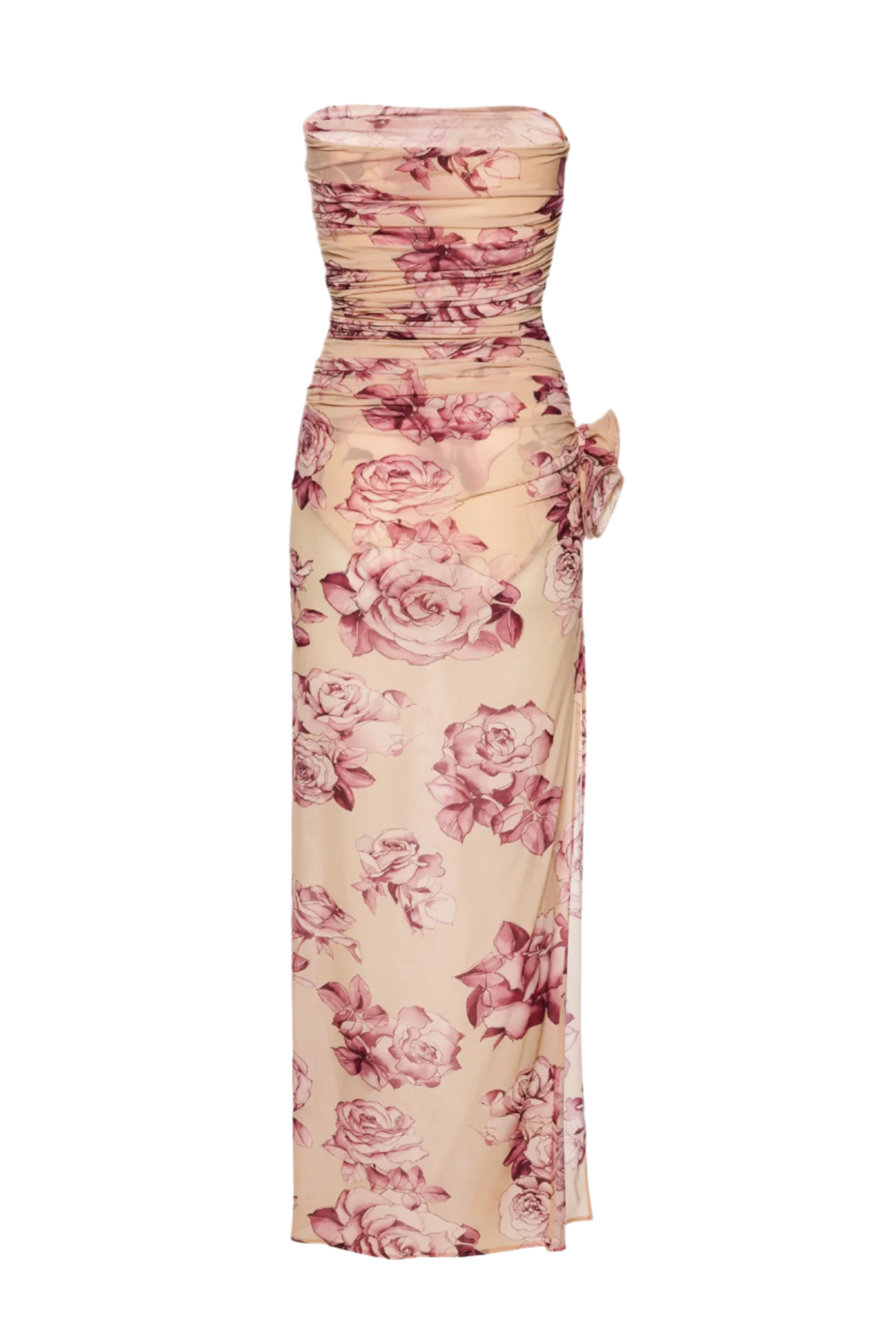 FLORAL STRAPLESS RUCHED MIDI DRESS, COCKTAIL PARTY