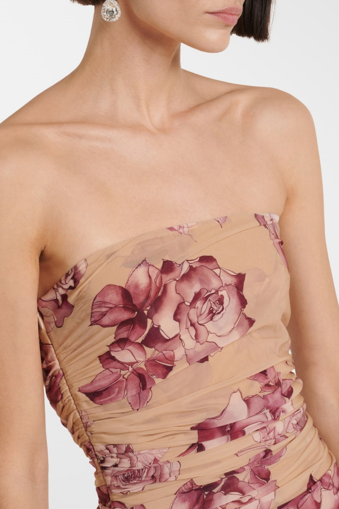 FLORAL STRAPLESS RUCHED MIDI DRESS, COCKTAIL PARTY