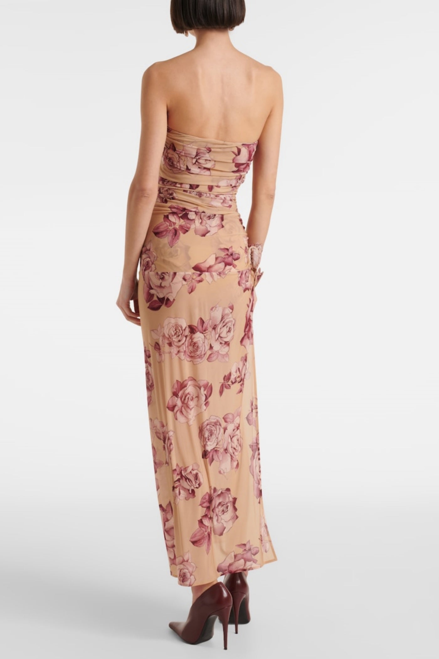 FLORAL STRAPLESS RUCHED MIDI DRESS, COCKTAIL PARTY