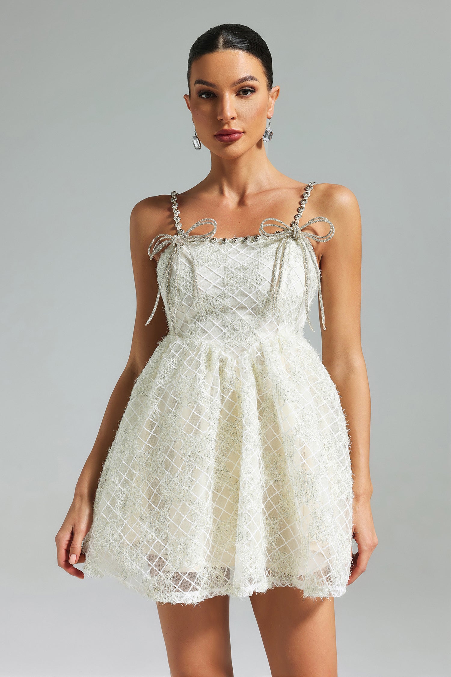 TEELA DIAMANTE BOW MESH MINI DRESS FOR PARTY