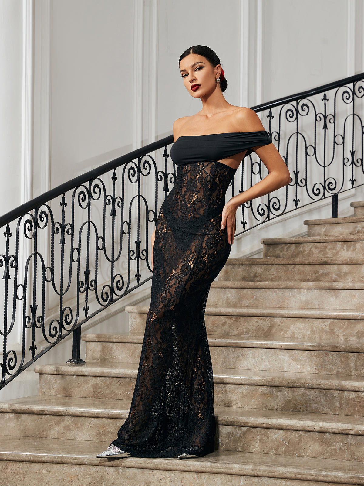 OFF SHOULDER LACE MAXI DRESS FOR WEDDING