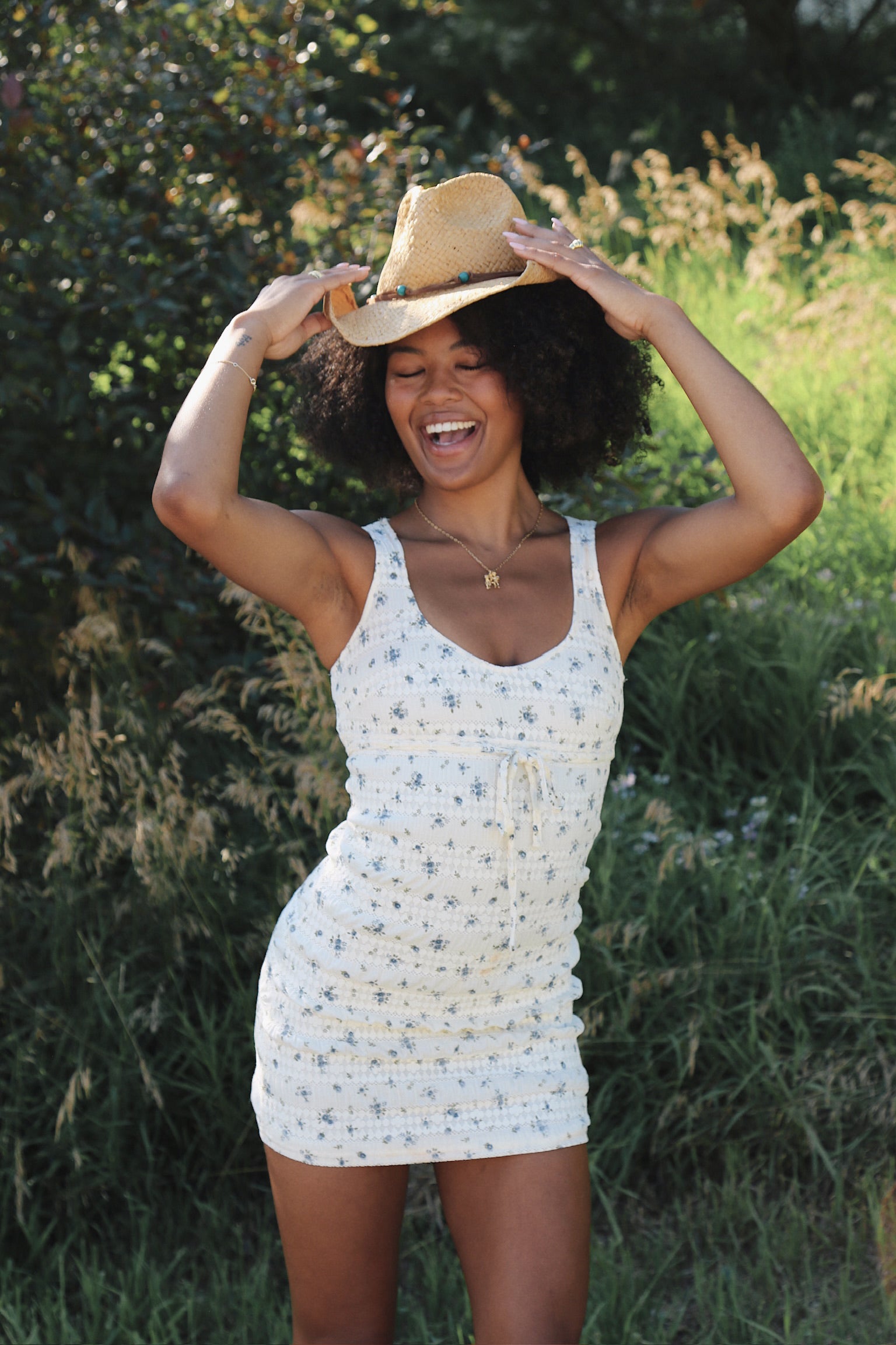 BLUE DITSY FLOWER KNIT MINI DRESS
