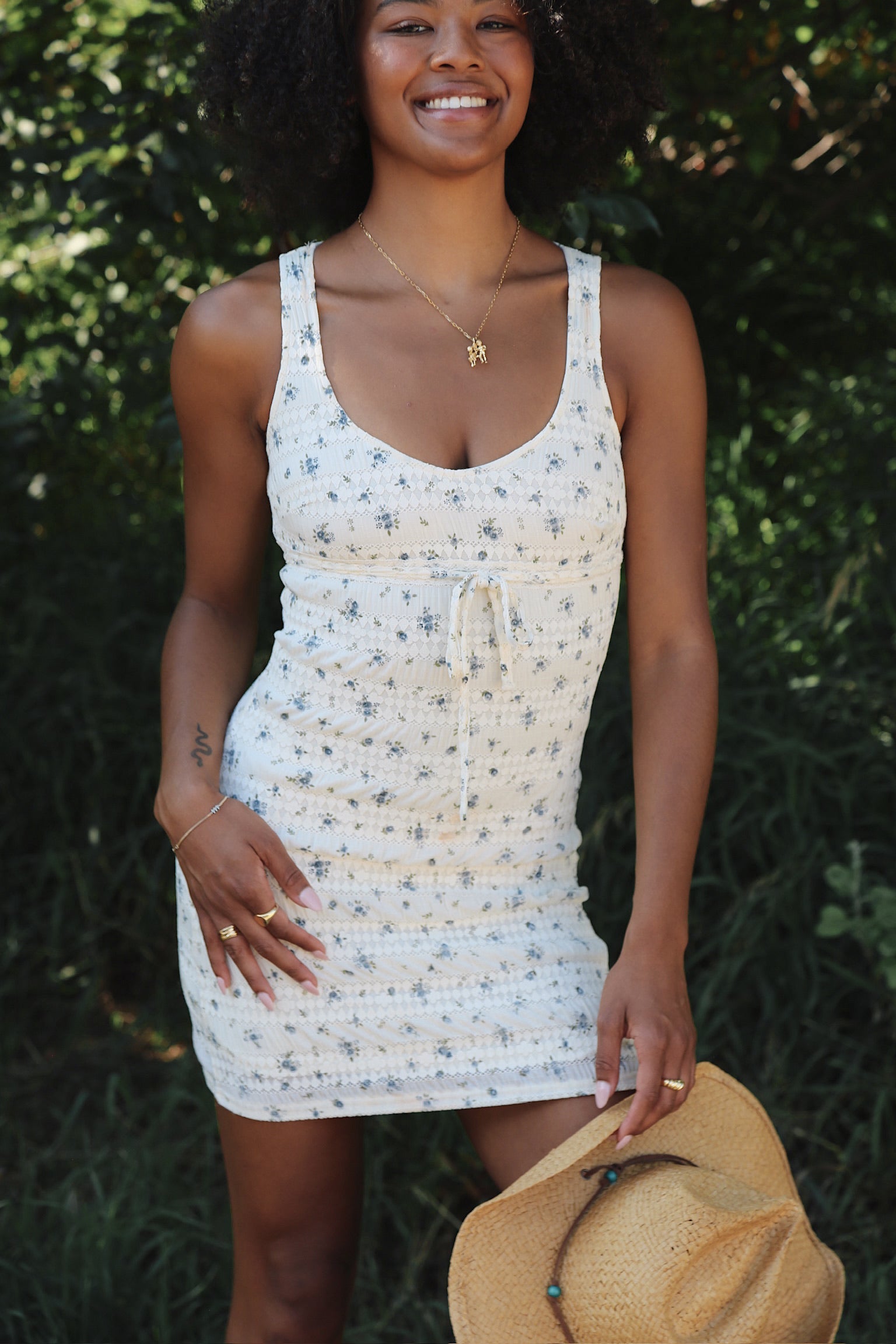 BLUE DITSY FLOWER KNIT MINI DRESS