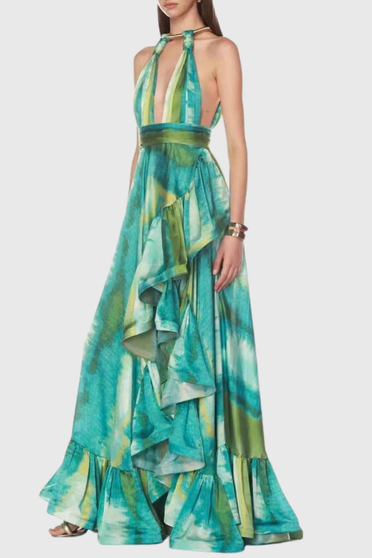 HALTER PRINTED RUFFLE MAXI DRESS FOR BEACH