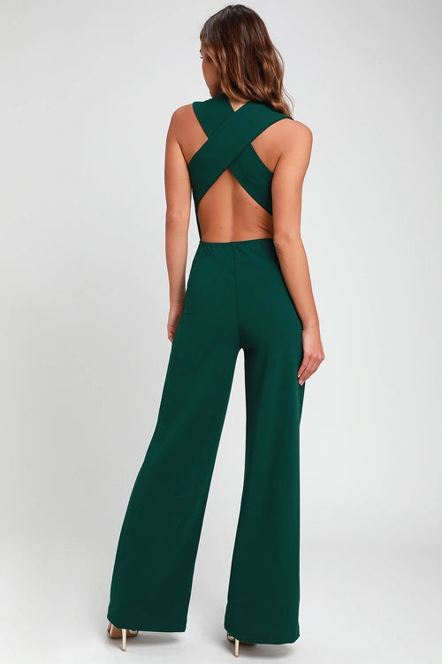 THINKING OUT LOUD HUNTER GREEN BACKLESS JUMPSUIT