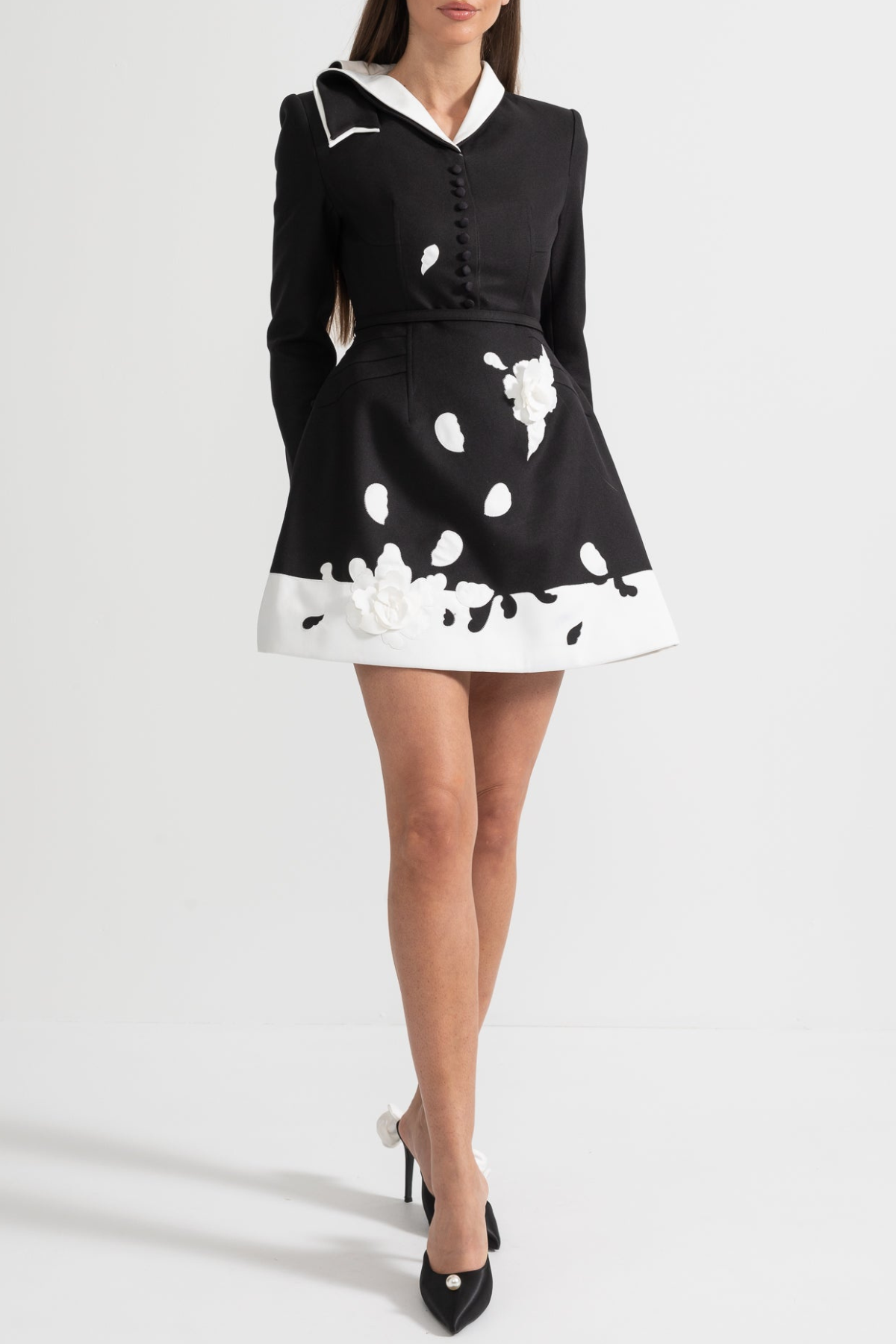 TIAIA FLORAL APPLIQUÉ CONTRAST BLACK MINI DRESS