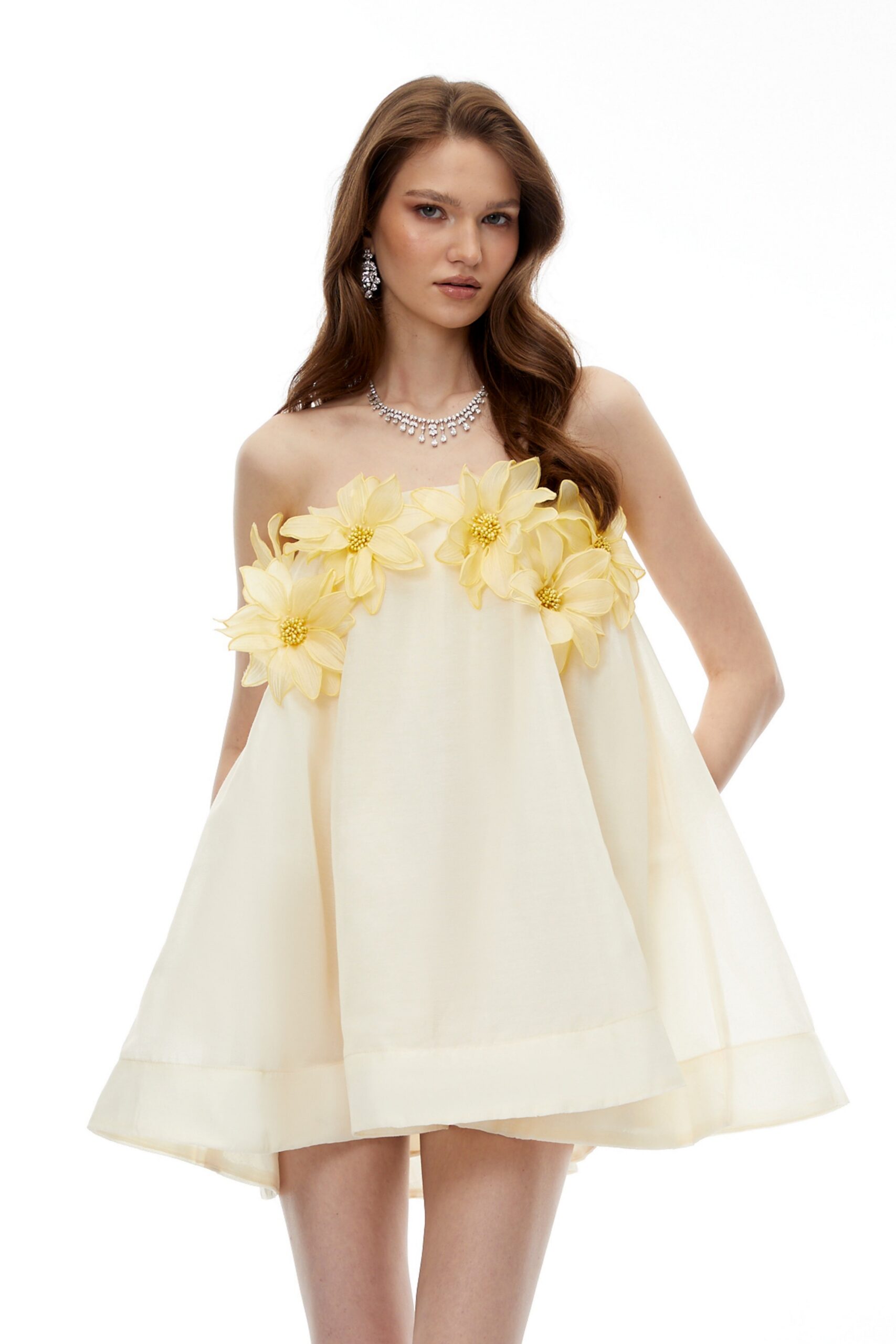 SABRINA OFF-SHOULDER YELLOW 3D FLORAL MINI DRESS