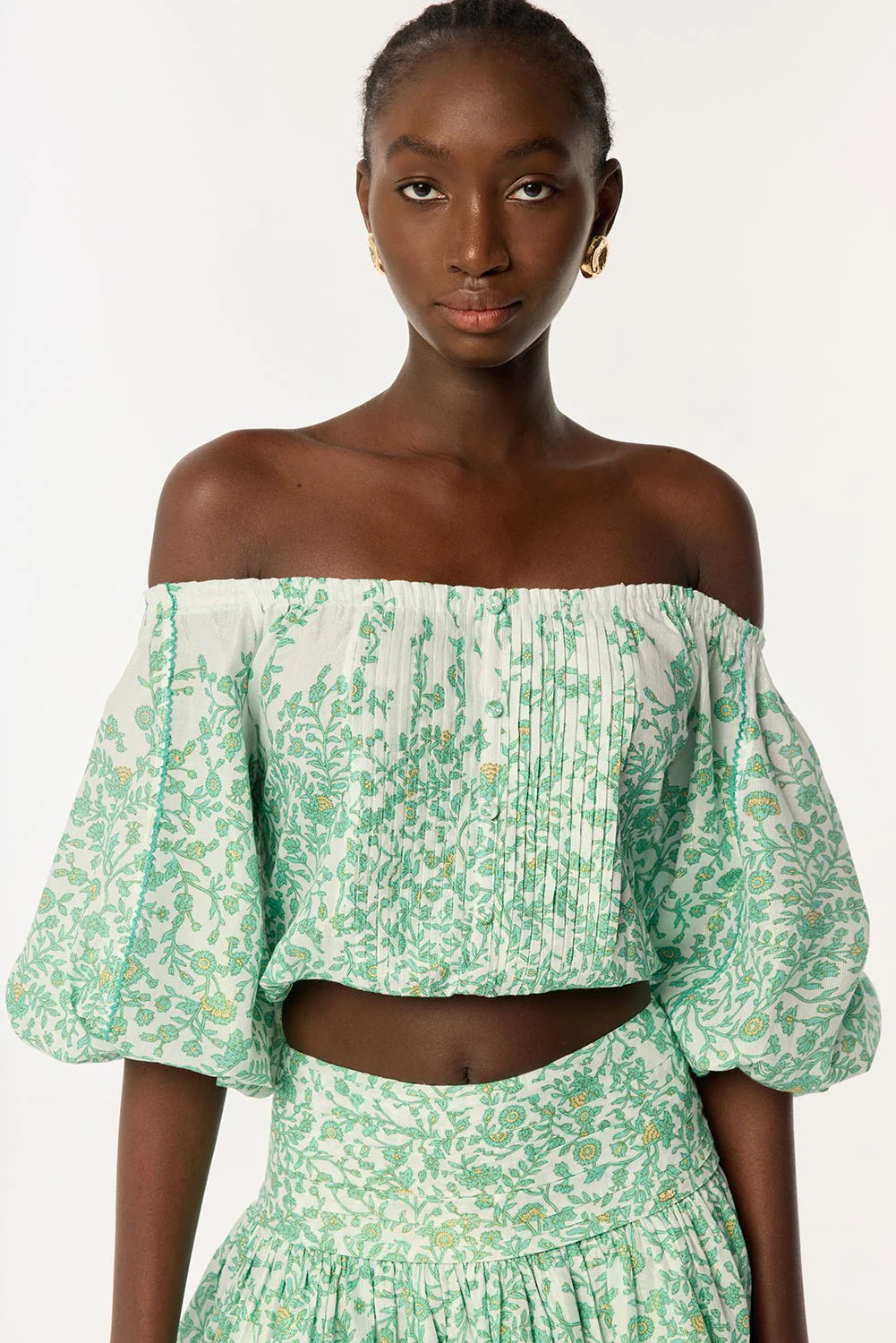 OFF-SHOULDER FLORAL MINI SKIRT SET GREEN